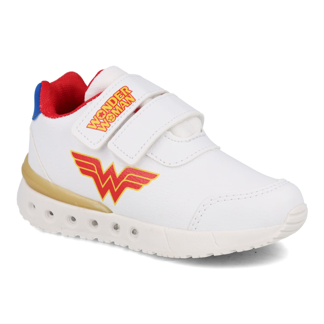 Tênis infantil branco com estampa da Mulher Maravilha para uso casual e conforto diário.